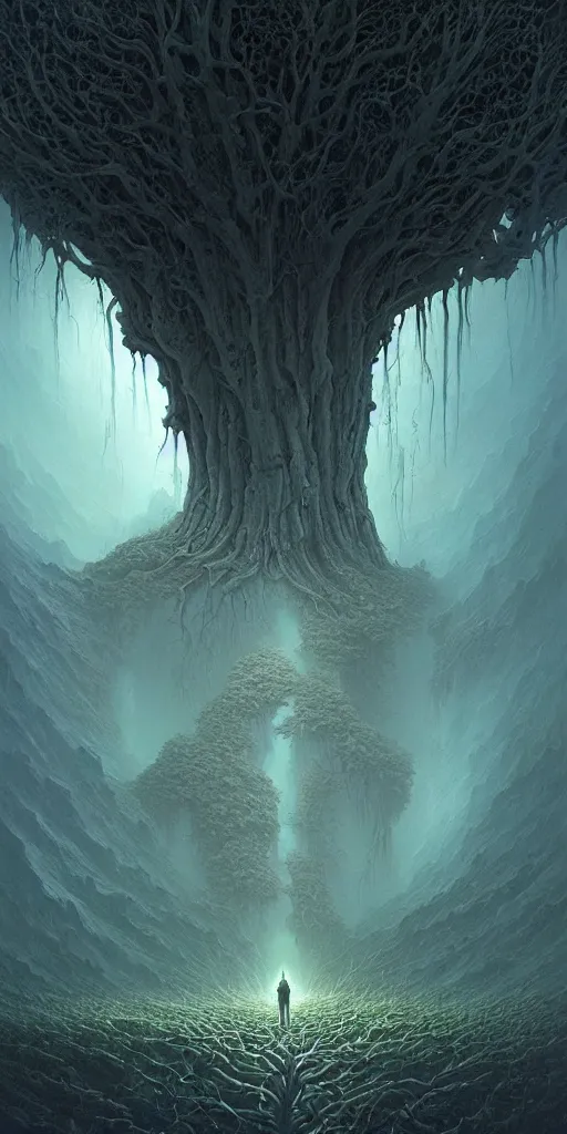 Image similar to landscape, alien tree of life, cyberpunk, sci fi, horror, monstrous, highly detailed, complex, intricate, matte painting, cinematic, by rhads and mohrbacher and zdzislaw beksinski,