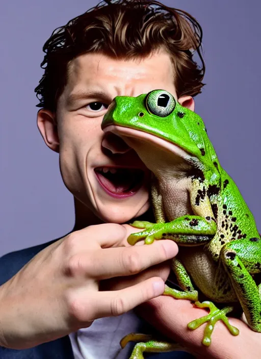 Prompt: a photograph of Tom Holland swallowing a live frog