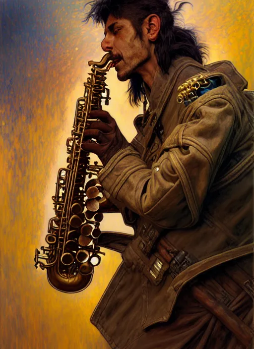 Image similar to portrait of a dirt man playing sax, warhammer 40000, cyberpunk, intricate, highly detailed, digital painting, artstation, concept art, smooth, sharp focus, illustration, art by Amano and Karol_Bak and artgerm and greg rutkowski and alphonse mucha and Gustav Klimt and Kojima