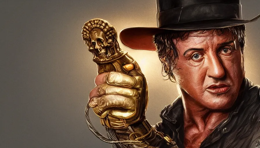 Image similar to sylvester stallone as indiana jones holding a whip in left hand and holding a golden mayan skull in the right hand, grey background, hyperdetailed, artstation, cgsociety, 8 k