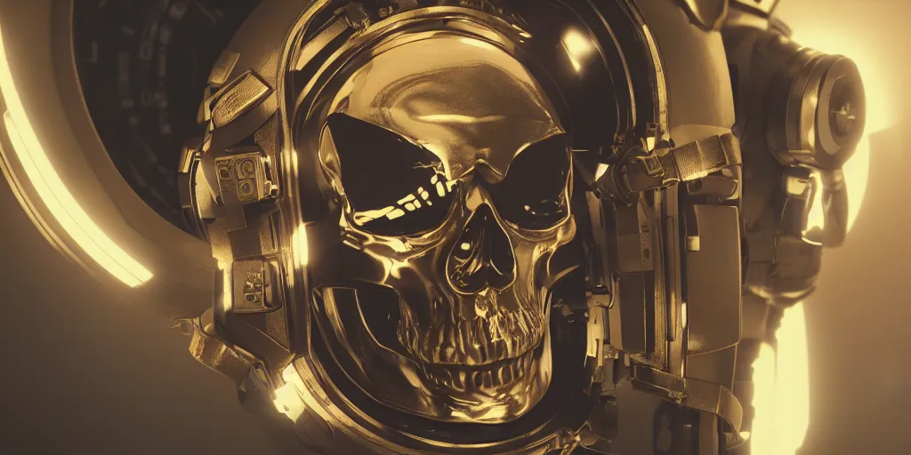 Prompt: ornate skull in astronaut suit with gold linens, cinematic lighting, dramatic, octane render, long lens, depth of field, bokeh, anamorphic lens flare, 8k, hyper detailed