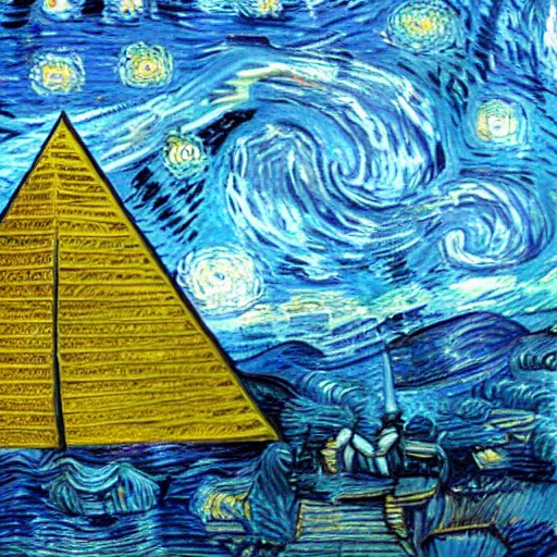 Image similar to pyramids in the middle of the ocean with planet people van gogh