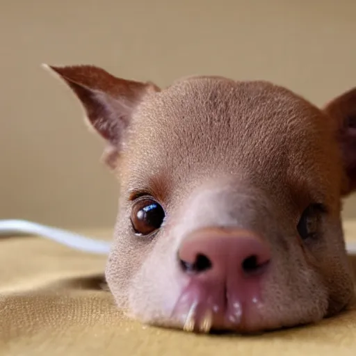 Image similar to light brown teacup tongue on nose, licking its nose