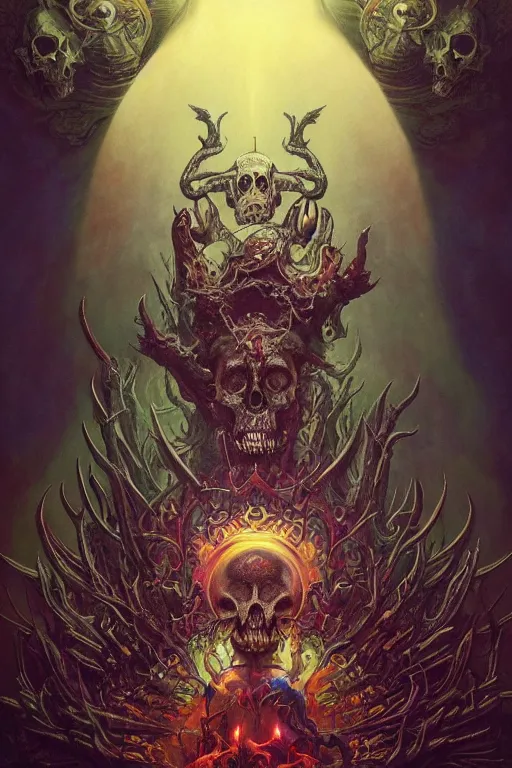 Prompt: gigantic psychedelic demonic skull lord of death and fire, fantasy painting, ultra realistic, wide angle, art nouveau, intricate details, rainbowshift, vivid colors, highly detailed by peter mohrbacher, h. r. giger, maxfield parrish, gustave dore, craig mullins, octane render, cgi