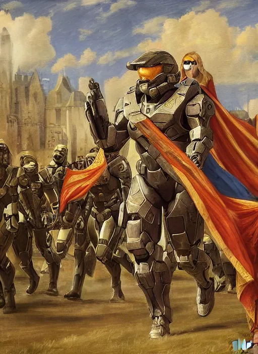 Prompt: halo master chief in a medieval royal procession by guillaume seignac