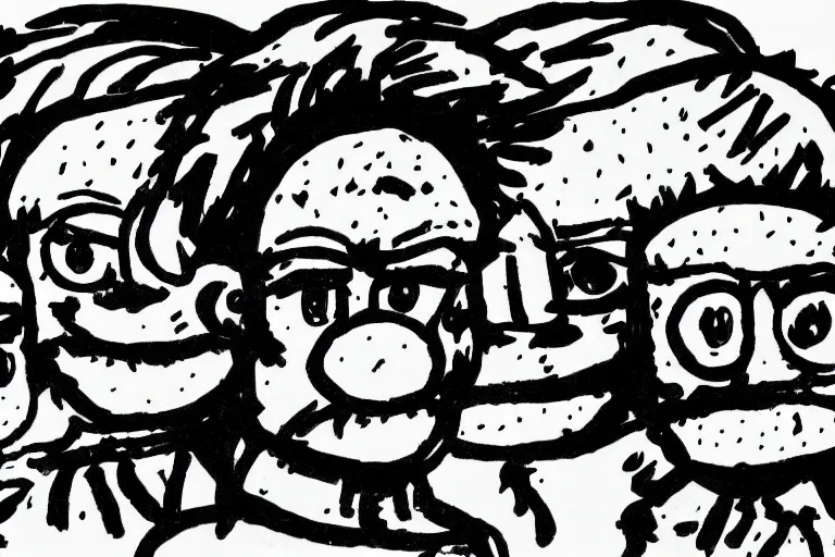 Image similar to black and white simple ms paint doodle of group portrait of grey goblins looking funny looking smug