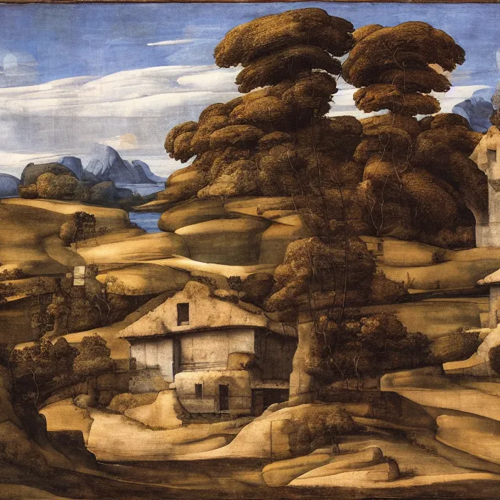 Prompt: a building in a serene landscape, by michelangelo