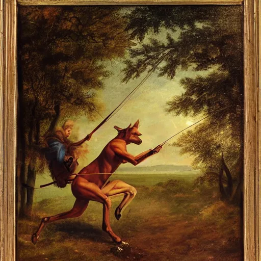 Prompt: A portrait of a centaur prancing, and shooting an arrow by a bow in a battle at golden hour, epic, fantasy, oil painting