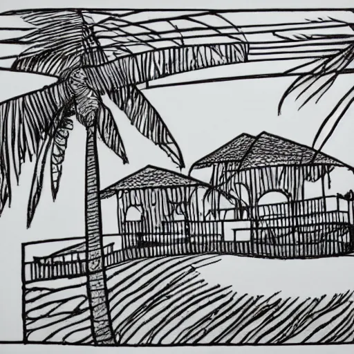 Image similar to imaginative drawing of a beach house, black ink outline, cel - shading