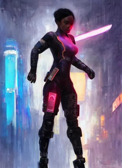 Image similar to black chun li. cyberpunk police trooper in tactical gear. plastic raincoat. rainy city. blade runner 2 0 4 9 concept painting. epic painting by james gurney, azamat khairov, and alphonso mucha. artstationhq. painting with vivid color. ( rb 6 s, cyberpunk 2 0 7 7 )