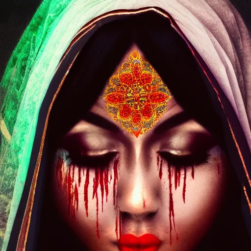 Image similar to beautiful Hindu lady of the dark with veil, in darkness, cover with blood, horror terrifying, soft light, surreal realistic, photorealistic, hyper details, full HD, 8k!