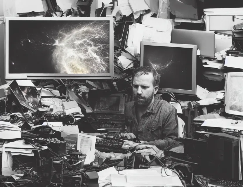 Prompt: a high resolution photo of a sad man in a messy office room with many screens photoshopping his own face while watching the collapse of the entire universe live stream on a vintage computer screen, storm, fire, earthquake, debris,