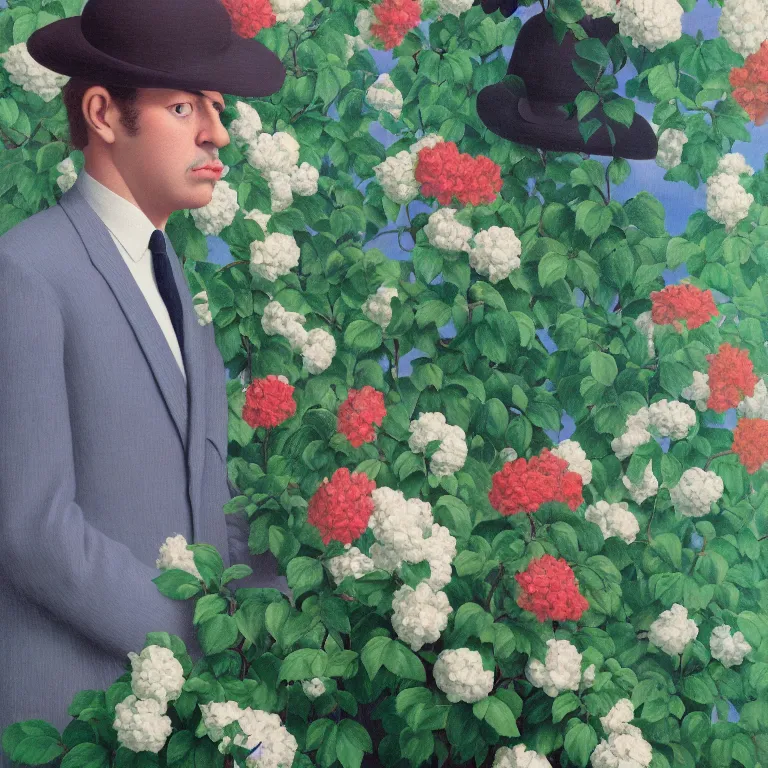 Image similar to portrait of a man, face hidden by beautiful flowers, by rene magritte, detailed painting, hd, hq, high resolution, high detail, 4 k, 8 k