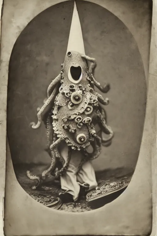 Image similar to a wet plate photo of an anthropomorphic octopus dressed as pope