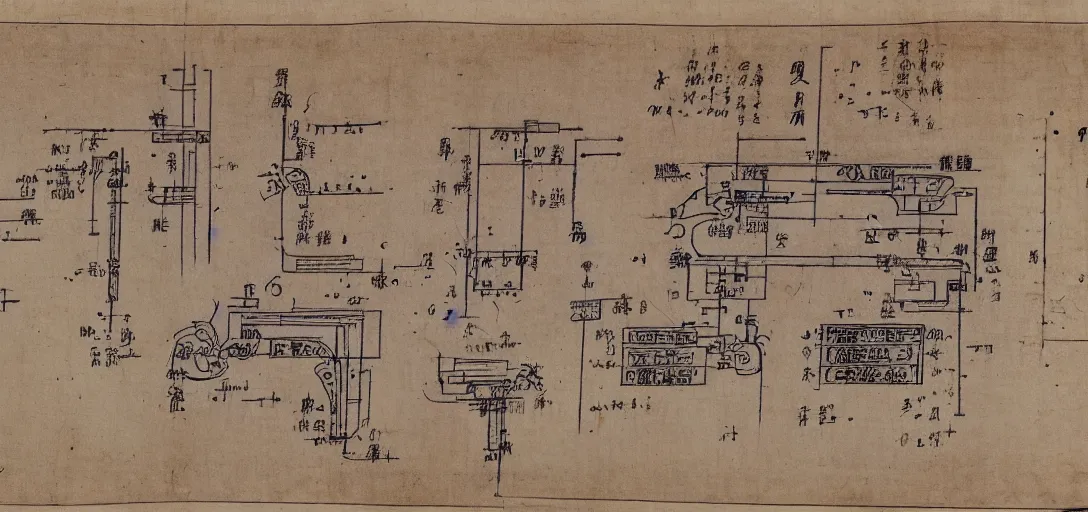 Image similar to detailed sktech of smarthone, laptop and pc on ancient manuscript, ancient chinese manuscript, ink manuscript, technical drawing blueprint