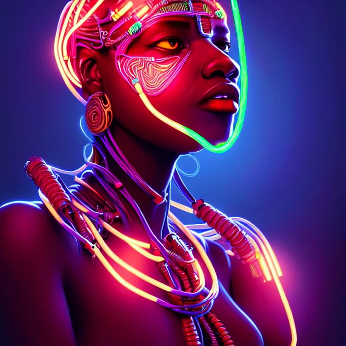 Prompt: beautiful african organic cyborg, neon tube connections, diffuse lighting, fantasy, intricate, highly detailed, lifelike, photorealistic, digital painting, artstation, illustration, concept art, smooth, sharp focus