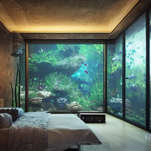 Prompt: a spacious room with freshwater aquariums as walls, hyper realistic, ambient lighting, concept art, intricate, hyper detailed, smooth, dynamic volumetric lighting, octane, raytrace, cinematic, high quality, high resolution, 4 k, cgsociety, rutkowski, gurney