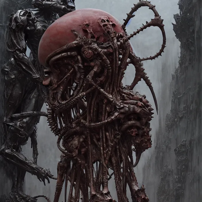 Image similar to still frame from Prometheus by Jakub Rozalski, Ossiarch Bonereaper by Wayne Barlowe by peter Mohrbacher by Giger, dressed by Alexander McQueen and by Neri Oxman, metal couture hate couture editorial