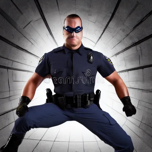 Image similar to A police officer superhero hybrid, posing heroically, stock image