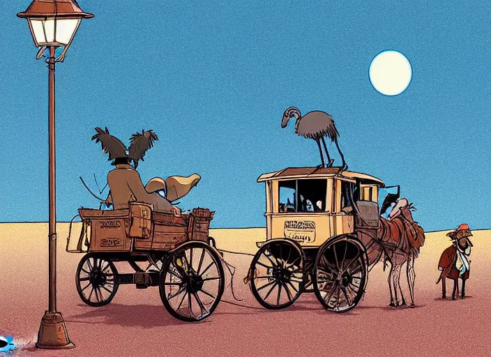 Prompt: a cell shaded cartoon of a stagecoach being pulled by two emu's from howl's moving castle ( 2 0 0 4 ), on a desert road, lamp posts, in front of a pale full moon, full body, wide shot, very dull muted colors, studio ghibli, laurie greasley, highly detailed, deviantart, art by artgem