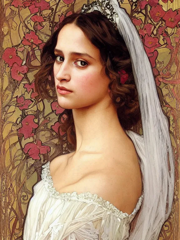 Image similar to an art nouveau style head and shoulders portrait oil painting of a pretty young alicia jessica vikander alba wearing a white victorian bridal gown, intricate, detailed, smooth, complex, elaborate, by alphonse mucha and james gurney and john william waterhouse and bouguereau