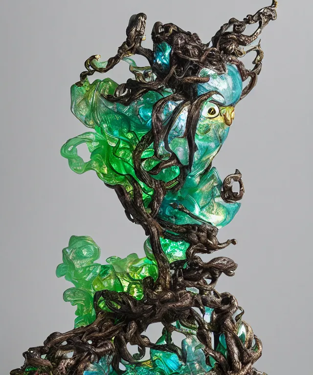 Prompt: cartoon guardian spirit of the cloud forests. translucent resin sculpture, backlighting, depth of field, 4 k, metallic filigree details, g rated, forest bokeh