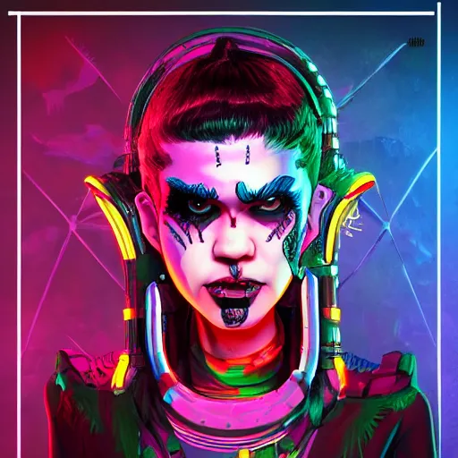 Image similar to album cover of Grimes as a highly detailed neon super villain character, trending on artstation, concept matte