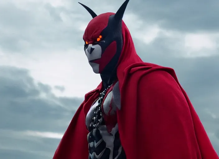 Image similar to film still of michael b jordan as spawn in the new spawn movie, giant chains, large cape, 8 k