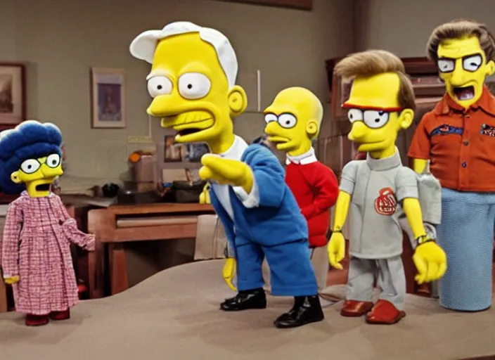 Image similar to still from a live - action tv show in the style of thunderbirds with marionette puppets, starring the characters of the simpsons in springfield. wooden puppets wearing clothing made of fabric. photographic ; realistic ; highly - detailed.