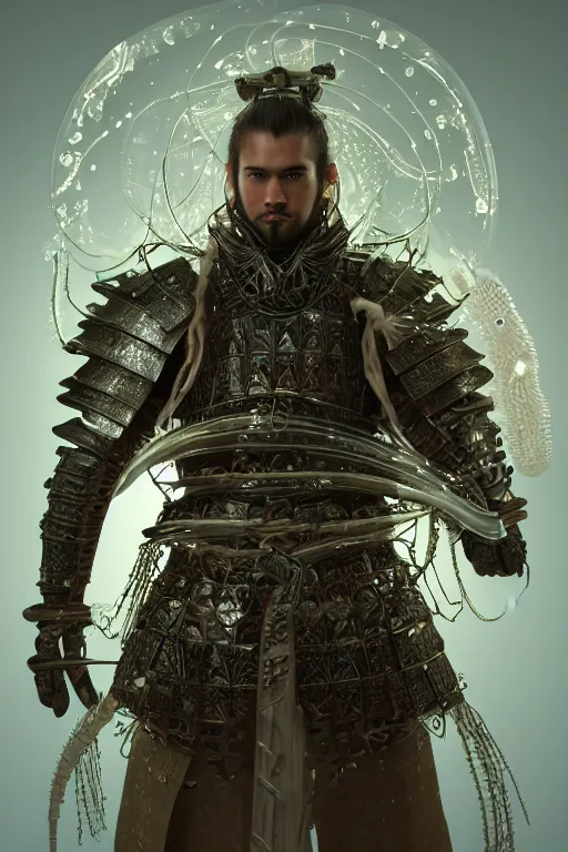 Image similar to a centered render of a majestic post apocalyptic samurai warrior wearing armour and leather clothing surrounded by bio - luminescent jellyfish and sacred geometry, cinematic, beautifully lit, by artgerm, by donato giancola, by viktoria gavrilenko 3 d, trending on artstation, octane render, 8 k