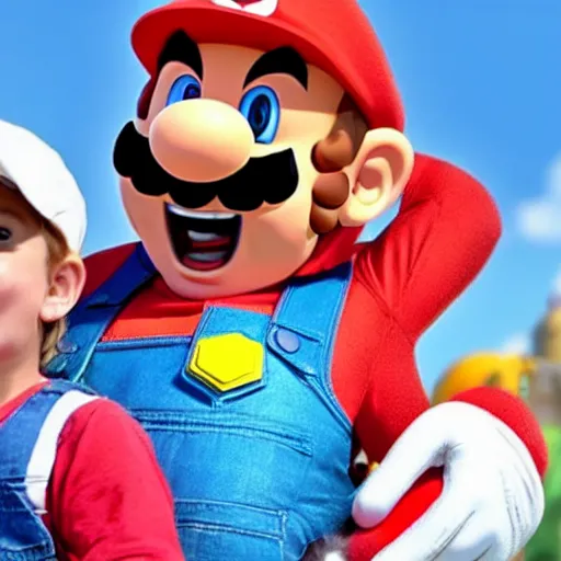 Image similar to a large super mario smiling while holding a screaming crying kid in his arms