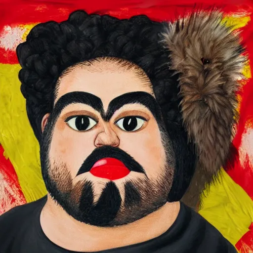 Image similar to portrait of a fat hairy wrestler with a dark furry jacket in the style of frida kahlo and robert rauschenberg