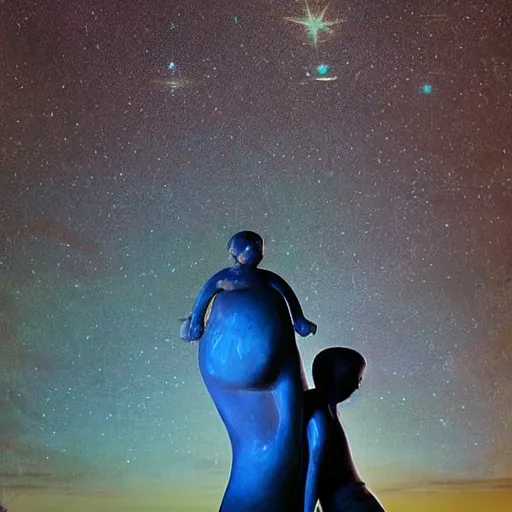 Image similar to A beautiful sculpture featuring a night sky filled with stars, and a small town in the distance. The sculpture is very peaceful and calming biopunk by Bill Medcalf, by Lisa Frank stormy