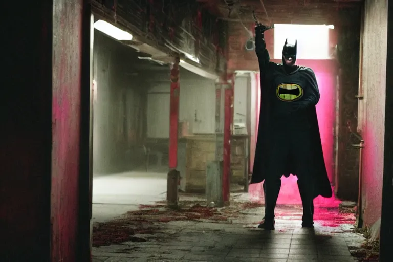 Image similar to michael keaton batman wearing pink apron wielding an axe, chasing through old brown decrepit hallway, creepy smile, atmospheric eerie lighting, photorealistic face, dim lighting, bodycam footage, motion blur, photograph