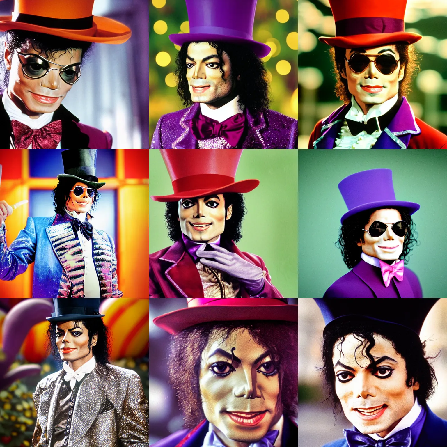 Prompt: portrait photograph, Michael Jackson as Willy Wonka, depth of field, bokeh
