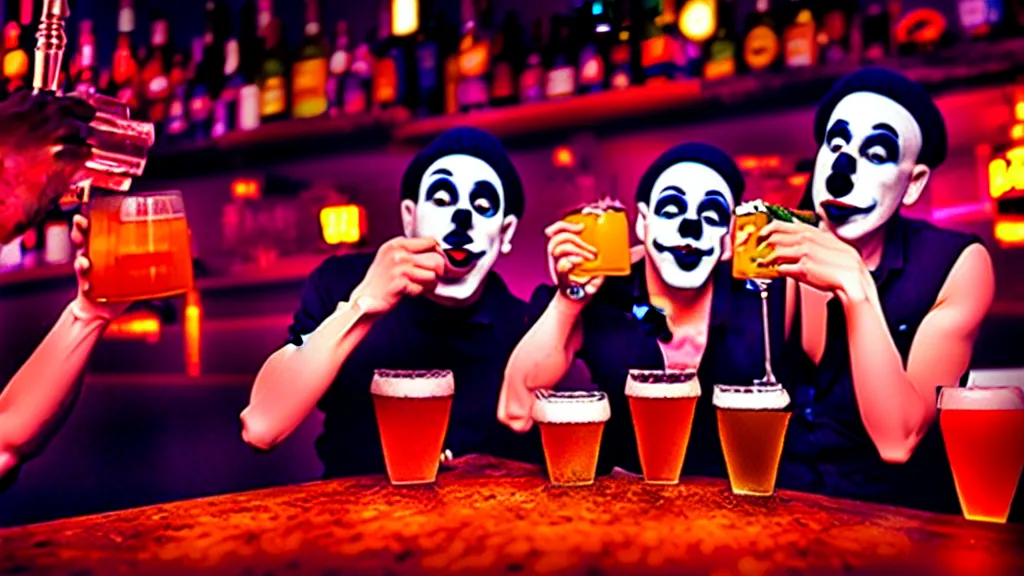 Prompt: mimes drinking alcohol, inside a bar, vibrant colors, hyper-realistic, extreme detail, sharp photo, beautiful, cinematic 4K