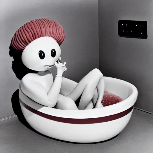 Image similar to a female anthropomorphic intestine in a bathtub, children's television show, 1974, technicolor