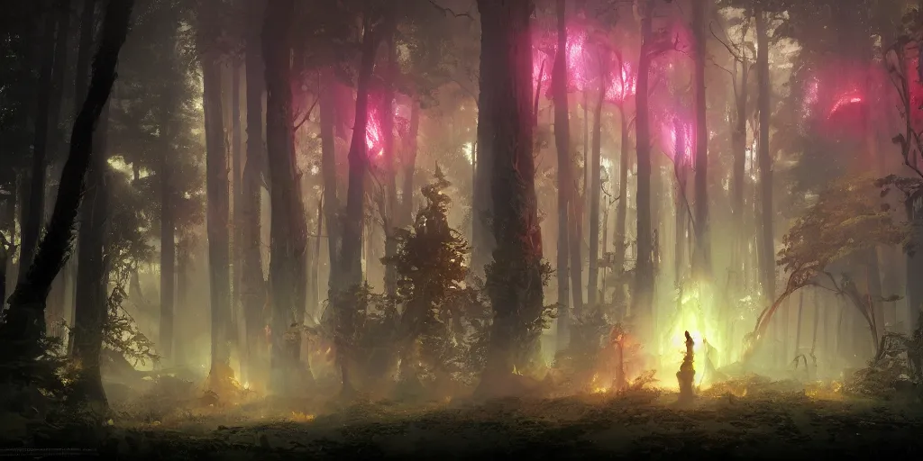 Image similar to in the magical forest fantasy on fires, neon, by craig mullins & peter mohrbacher & ilya kuvshinov, darkness, sauron, beautiful matte painting, unreal engine, featured on artstation, rays of light