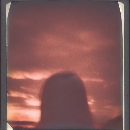 Image similar to an aged polaroid photo of a young woman seen from behind, night, the galaxy is visible in the sky, detailed clouds, warm azure and red tones, film grain, color bleed