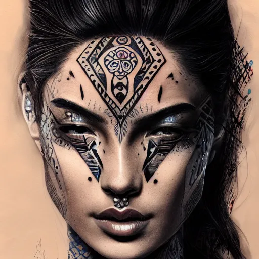 Prompt: A close up of a woman's face with tribal tattoos and piercings, sharp focus, highly detailed, digital painting, artstation, portrait, by Barret Frymire. By Jeszika Le Vye and Dang My Linh