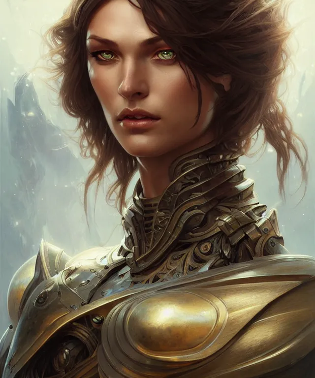 Image similar to Muscular and powerful medieval knight woman portrait, sci-fi, amber eyes, face, long hair, fantasy, intricate, elegant, highly detailed, digital painting, artstation, concept art, smooth, sharp focus, illustration, art by artgerm and greg rutkowski and alphonse mucha