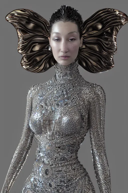 Image similar to a highly detailed metahuman 4 k render close up of an alien goddess bella hadid angel in iris van herpen dress schiaparelli in diamonds swarovski and jewelry in style of alphonse mucha trending on artstation made in unreal engine 4