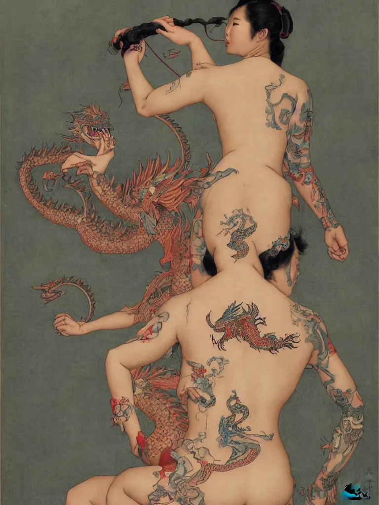 Prompt: a full figure Portrait of a beautiful Chinese girl with a tattoo of a dragon on her back standing in a temple by Norman Rockwell