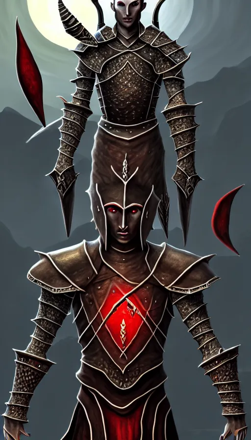 Image similar to hyperrealistic full body image of morrowind dunmer male nerevarine in front of balmora, red eyes, 3 / 4 portrait, symmetrical face, handsome face, full body dnd character portrait, medieval armor, morrowind armor, oblivion armor, skyrim armor, eso armor, intricate, highly detailed, elegant, 4 k, artstation, deviantart