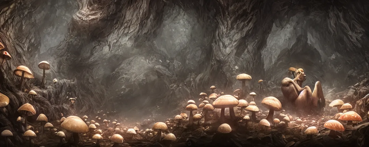 Prompt: a sad mysterious creature sitting in a dark cave full of mushrooms, eerie, large scale, breathtaking, mixed media, digital art, trending on artstation, 8k, epic composition, highly detailed, AAA graphics