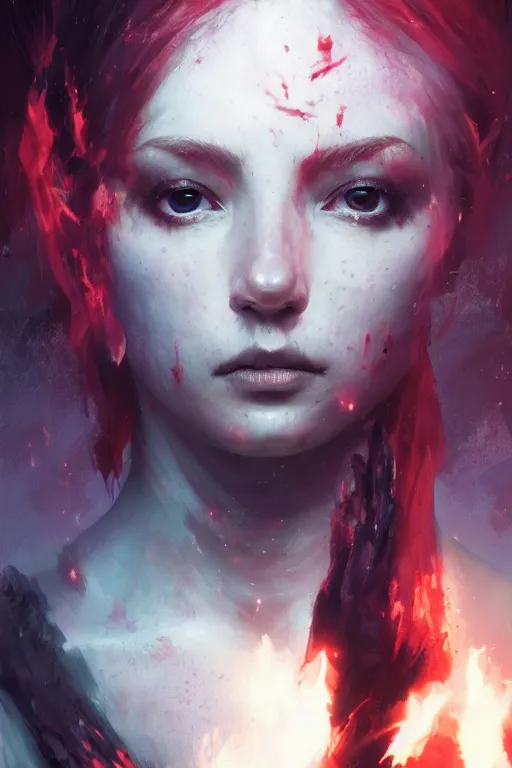 Prompt: a beautiful portrait of a young Demon women covered in deep purple flames by Greg Rutkowski, Sung Choi, Mitchell Mohrhauser, Maciej Kuciara, Johnson Ting, Maxim Verehin, Peter Konig, Bloodborne , 8k photorealistic, cinematic lighting, HD, high details, atmospheric , trending on artstation