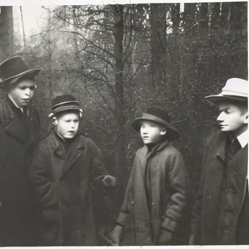 Prompt: a photo of in the dark in the forrest. 4 tall men with long pointed hats stand surrounding a small fire in a circular hole. a frightened boy is watching from the shadows.