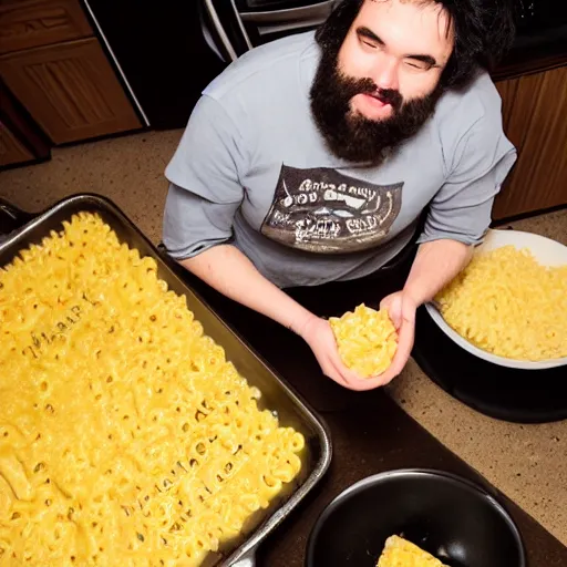 Prompt: top - heavy 2 0 year old with messy black hair and big beard cooks mac and cheese late at night, fish eye lens