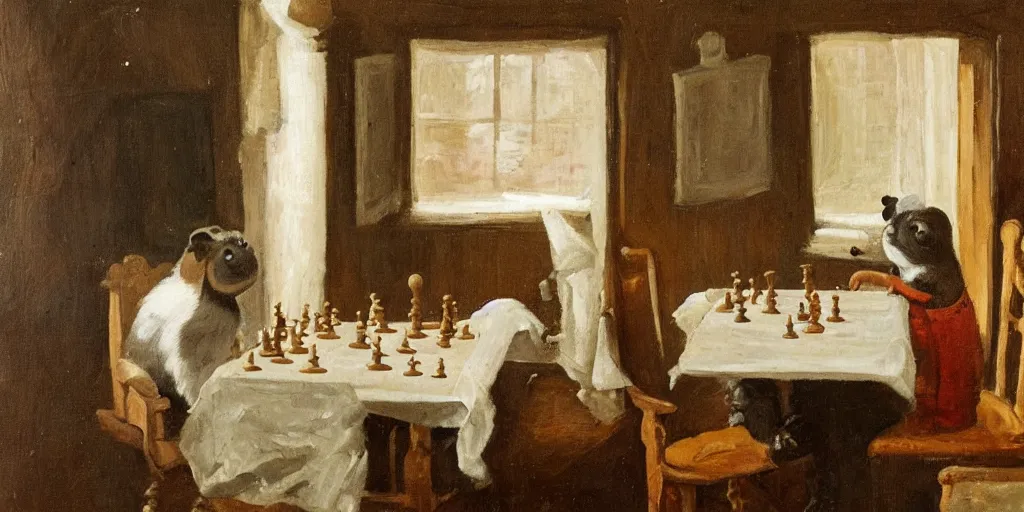 Prompt: a guinea pig playing chess inside a cozy victorian room, realistic oil paint