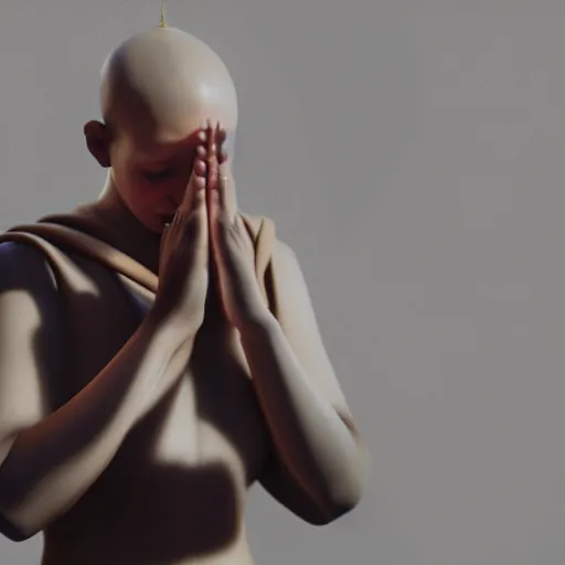 Image similar to an android monk praying with hands above head, monk robe and tattoos, octane render, unreal engine, 8 k, cinematic, artwork by ilya kuvshinov